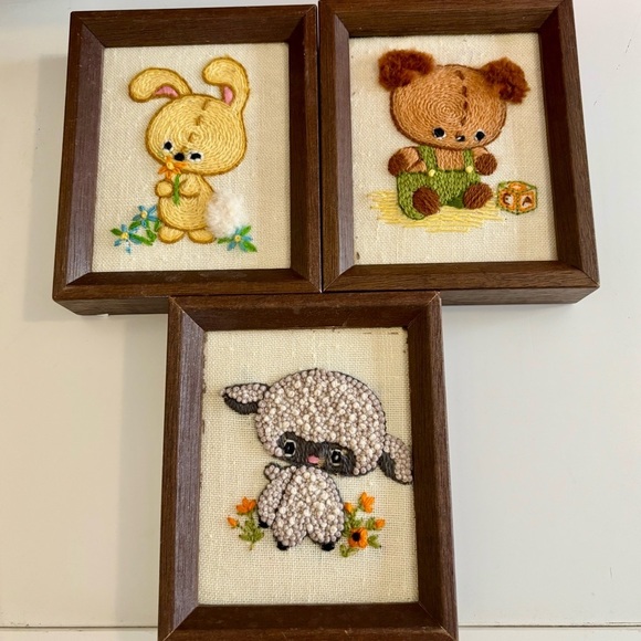 Vintage| Set of 3| 1970s Embroidered Crewel Bunny, Bear, Lamb Framed Nursery Art - Picture 4 of 4